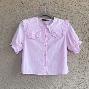 ZARA Pale Pastel Pink Cotton Eyelet Frill Wide Collar Button Down Shirt XS